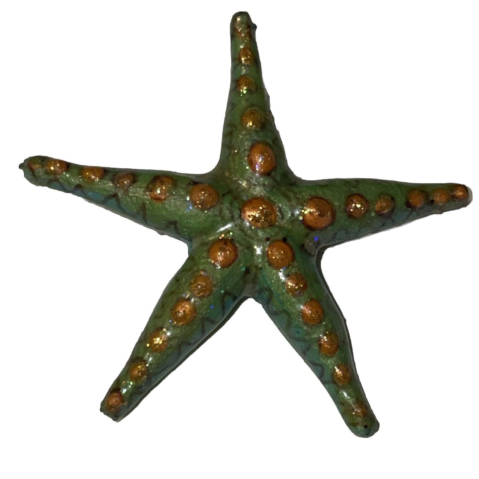 Vintage Green And Gold Painted Textured Starfish Pin Brooch Signed Tw 2” X 2”